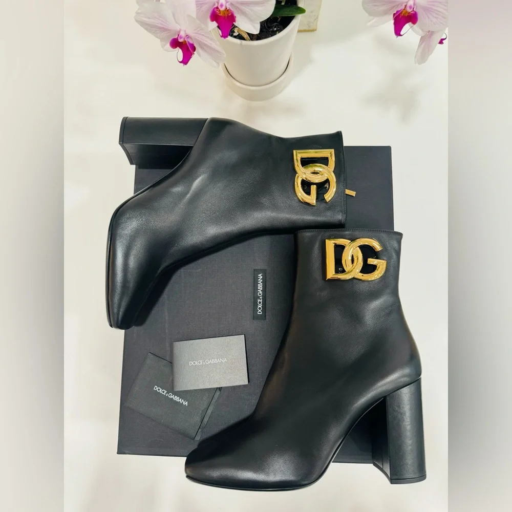 Dolce and Gabbana Gold Logo Black Nappa leather ankle boots